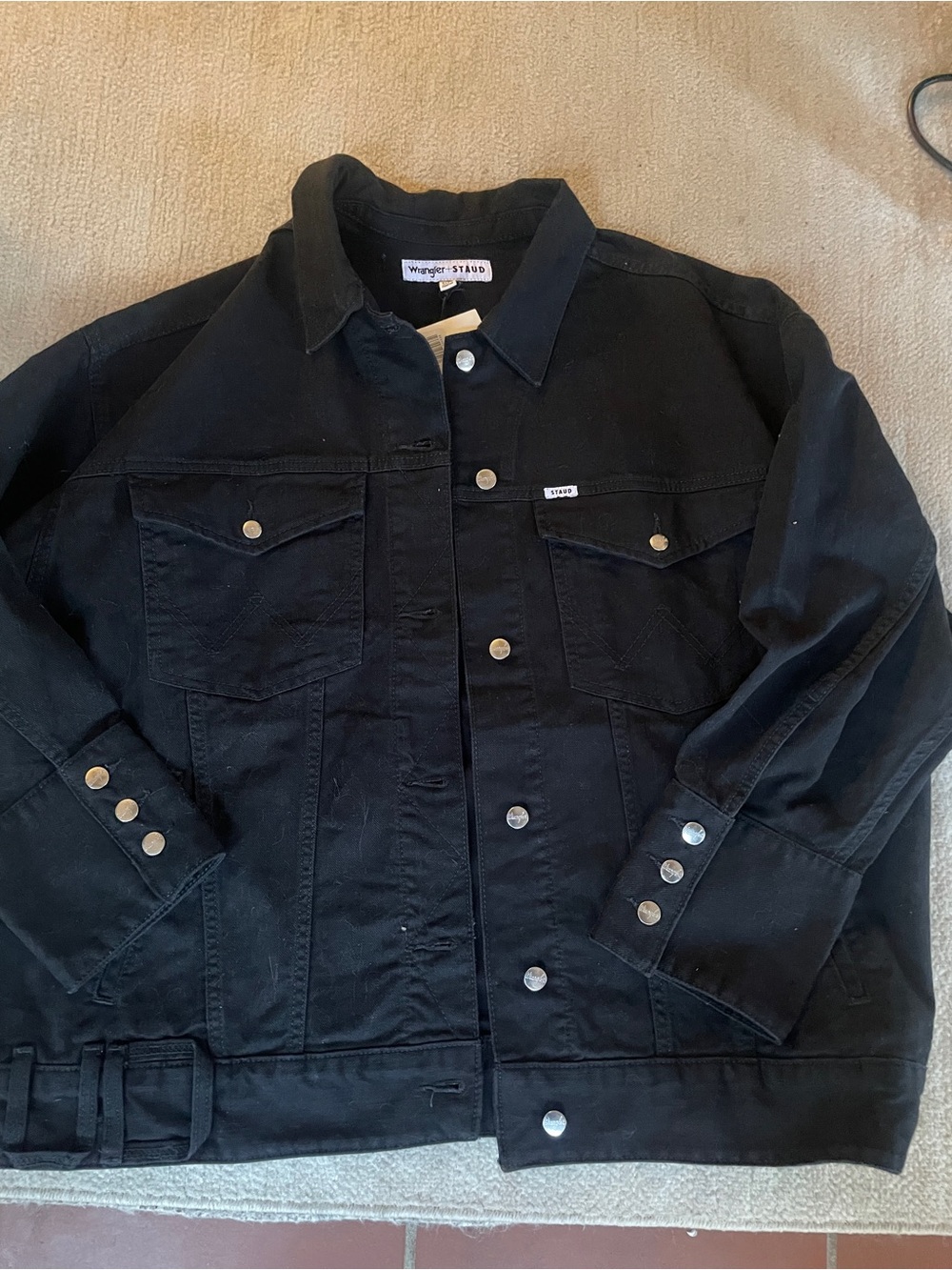 Wrangler x STAUD The Biggest Black Denim Trucker Jacket L/XL NWT
